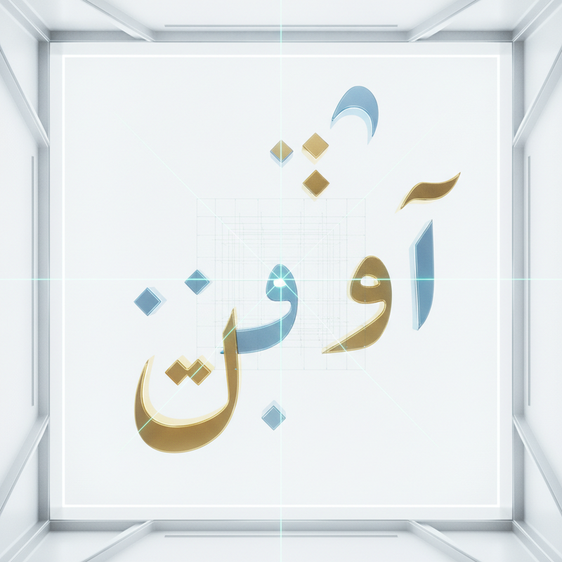 حروف پراکندهی فارسی که با الگوهای شفاف و خطوط همتراز به هم متصل میشوند تا اصلاح ساختاری خطاهای تولید متن را به تصویر میکشند.