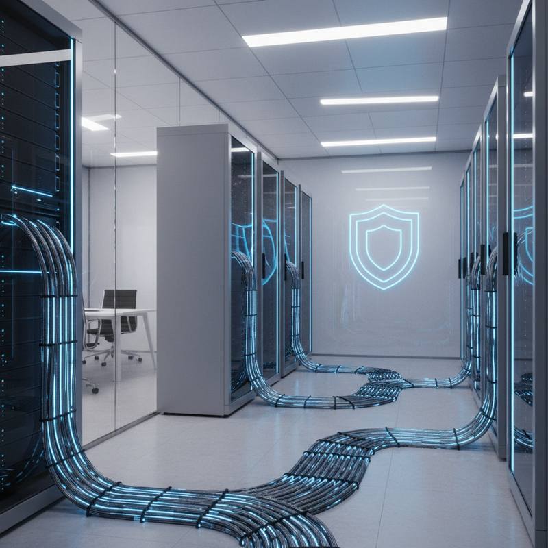 اتاق سرور امن با کابلهای آبی درخشان و نماد سپر، نشاندهنده میزبانی داخلی مدلهای زبانی