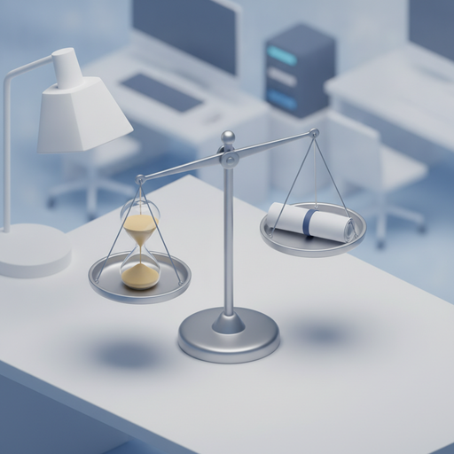 ترازوی تعادل بین زمان سپری‌شده و تحویل نهایی پروژه، نمادی از تصمیم‌گیری دقیق در انتخاب مدل قیمت‌گذاری اتوماسیون برای کسب‌وکارهای هوشمند.