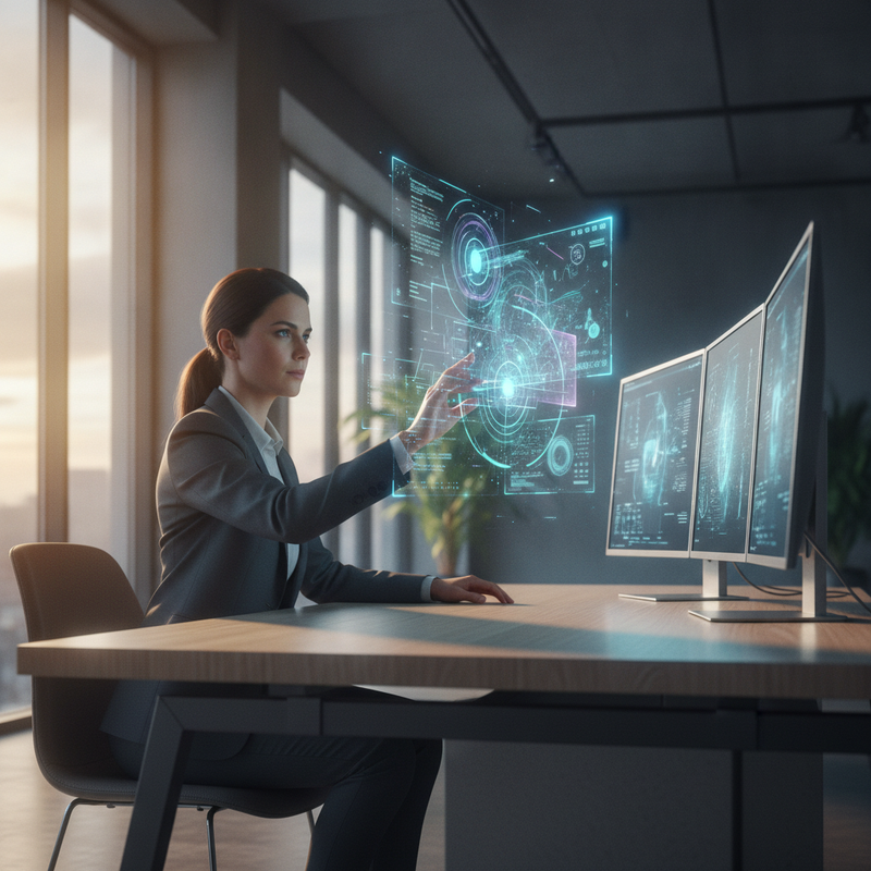 یک متخصص پشت میز کاری مدرن با بصری‌سازی‌های داده‌ای معلق، ترکیب نور طلایی و آبی دیجیتال، حس جاه‌طلبی و آینده‌نگری